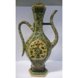 A 19thC Chinese biscuit glazed porcelain wine ewer of elongated hexagonal outline with a high