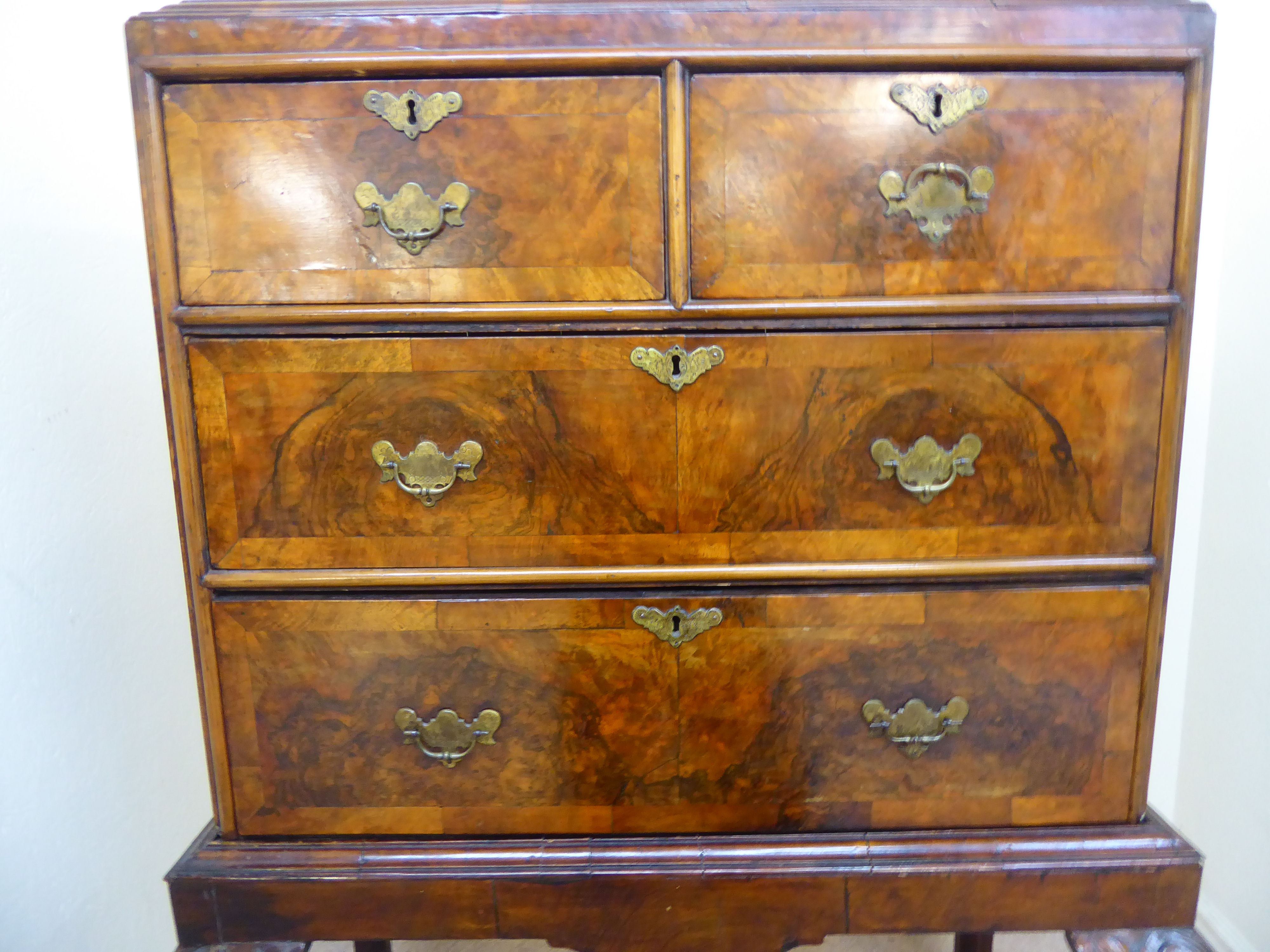 A George III walnut veneered chest on a later stand, - Image 8 of 12