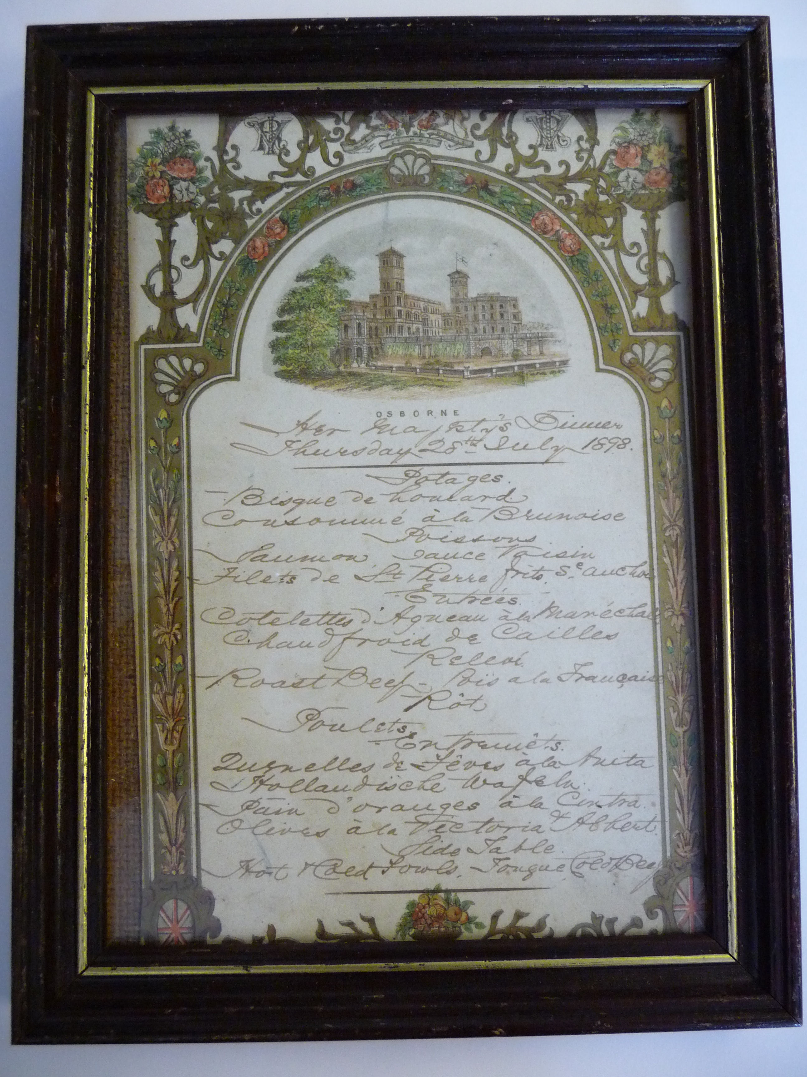 A handwritten menu for Her Majesty's dinner at Osborne House on Thursday 28th July 1898 7'' x 5'' - Image 2 of 6