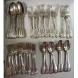 Early Victorian silver fiddle, thread and shell pattern flatware, viz.
