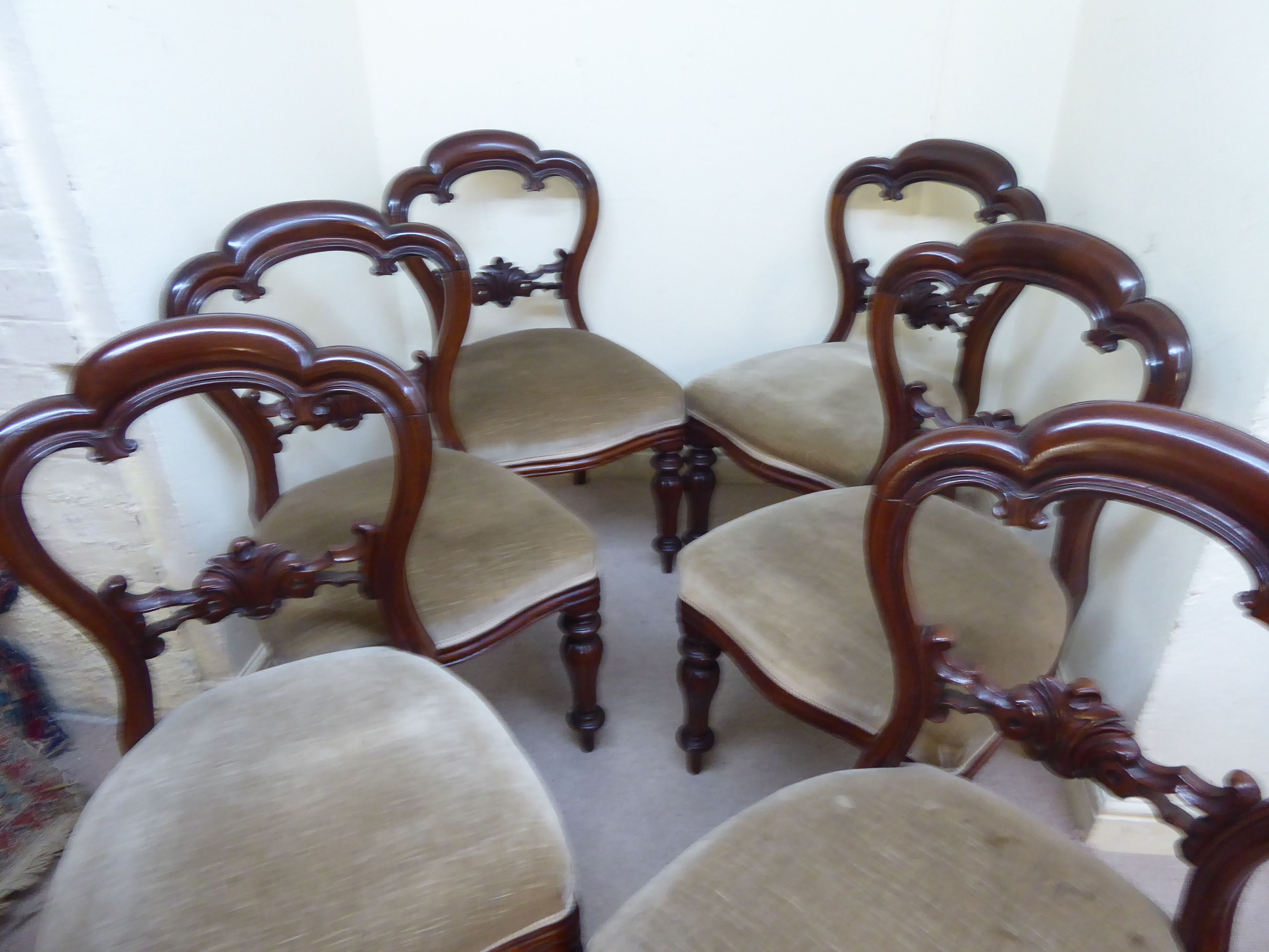 A set of six mid Victorian mahogany framed balloon back dining chairs, each with a carved, - Image 3 of 8