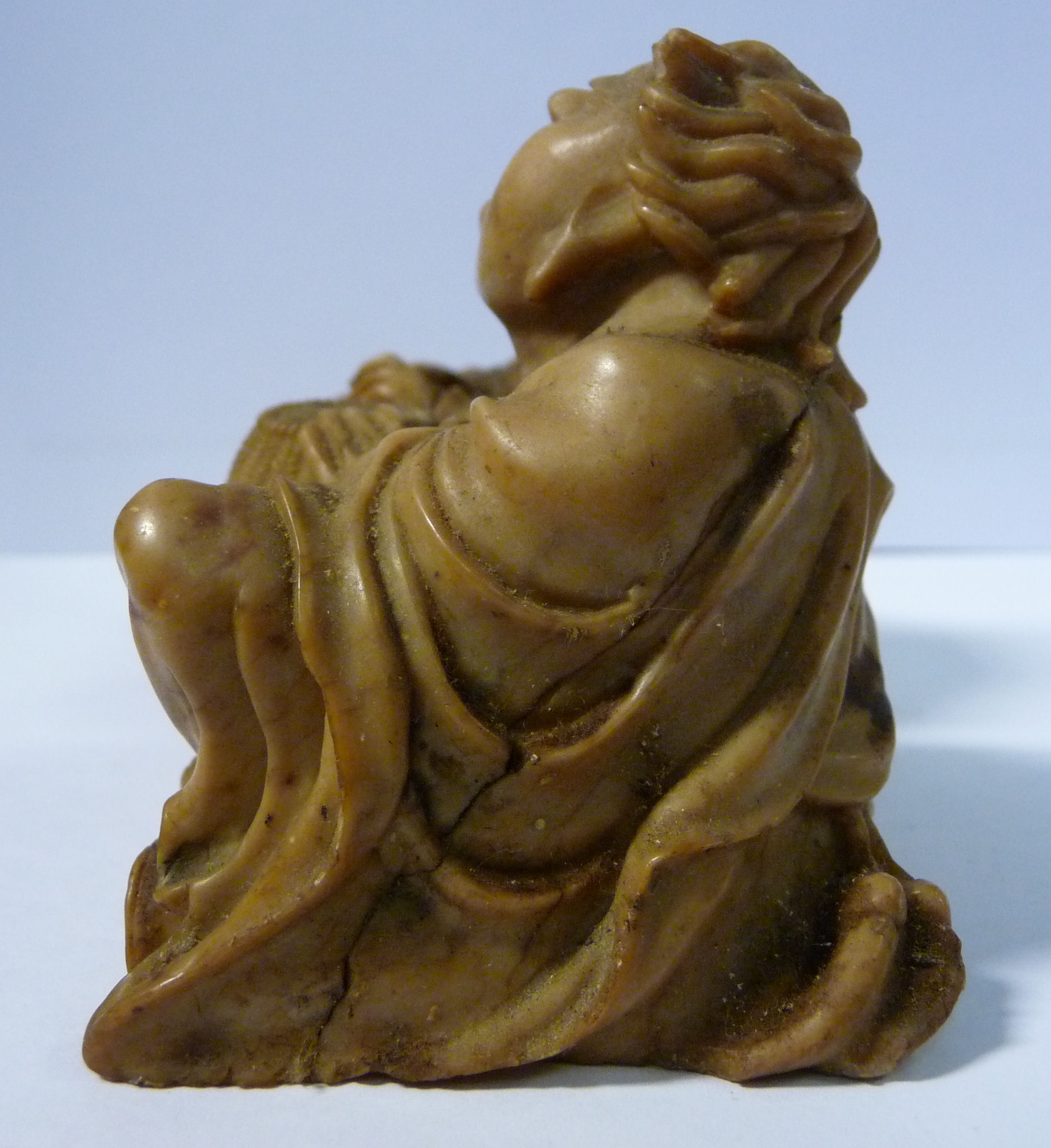 An 18th/19thC Chinese carved light brown soapstone group, two seated corpulent fishermen, - Image 6 of 12