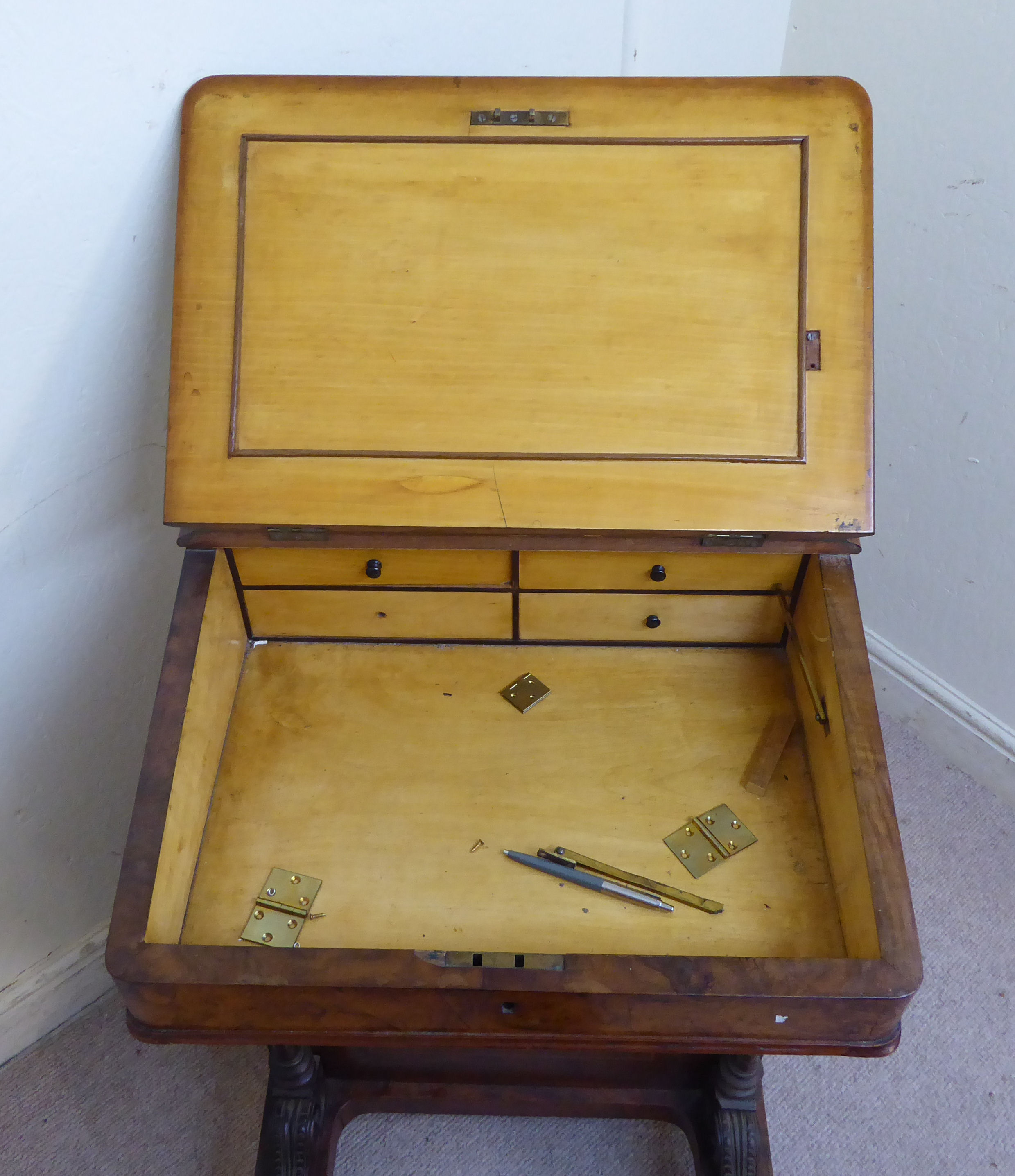 A late Victorian burr walnut veneered Davenport, the sloping, - Image 9 of 10