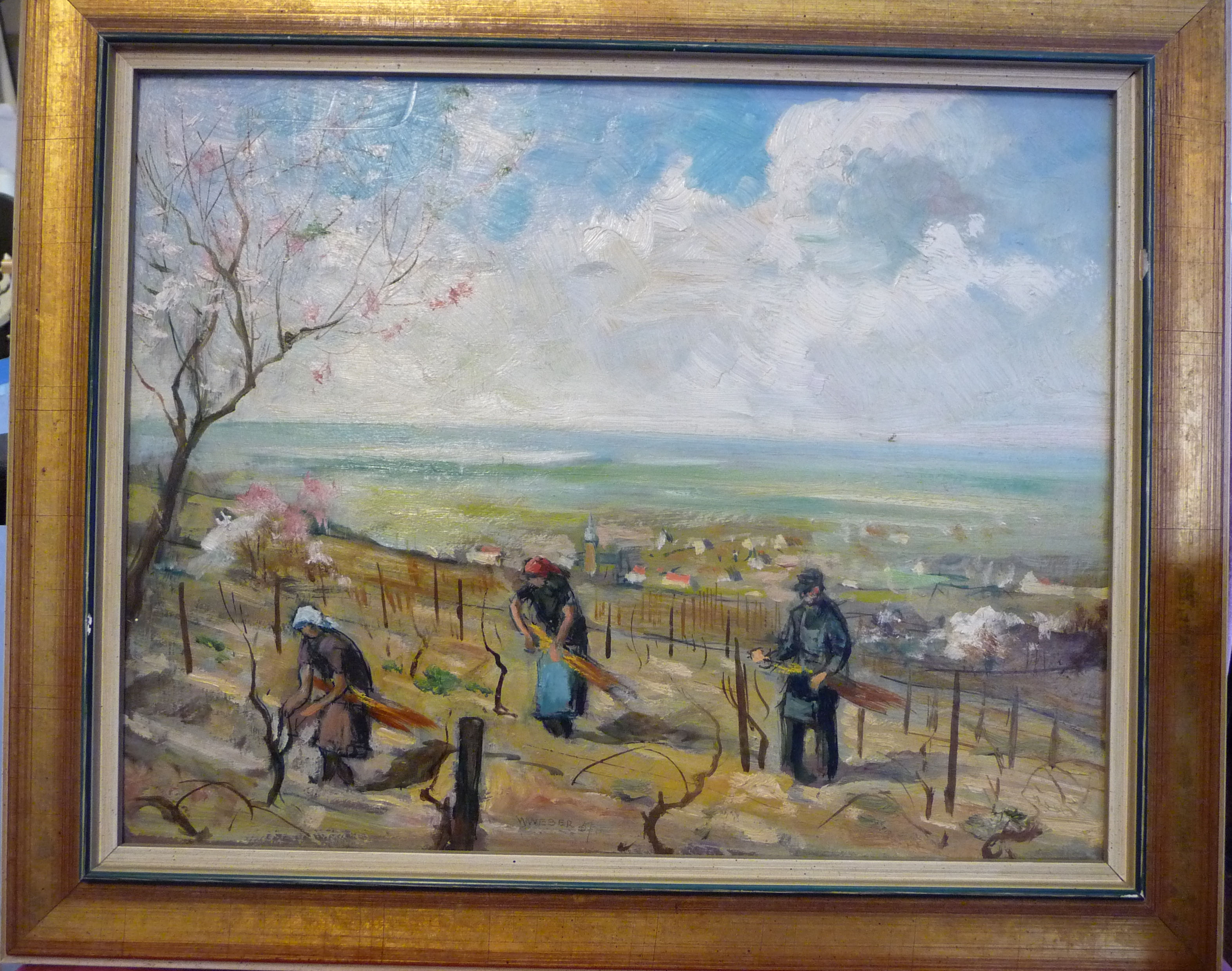 Willy Weber - 'At the vine binding' a landscape with vineyard workers in the foreground on a