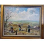 Willy Weber - 'At the vine binding' a landscape with vineyard workers in the foreground on a