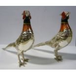 A pair of silver and finely painted enamel models, pheasants indistinct marks 3.