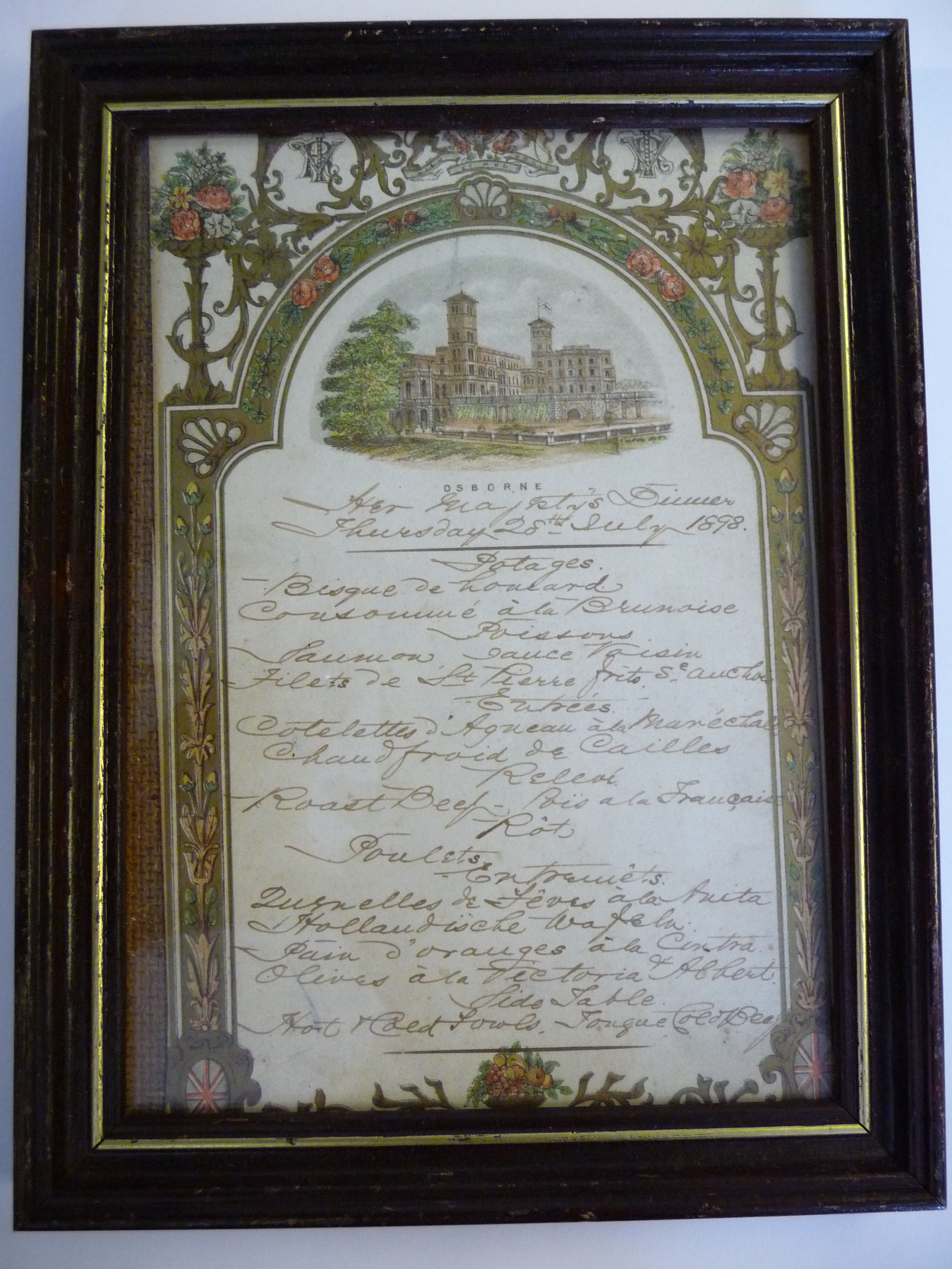 A handwritten menu for Her Majesty's dinner at Osborne House on Thursday 28th July 1898 7'' x 5''