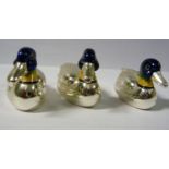 A pair and one smaller silver and finely painted enamel models, Mallard ducks indistinct marks 1.
