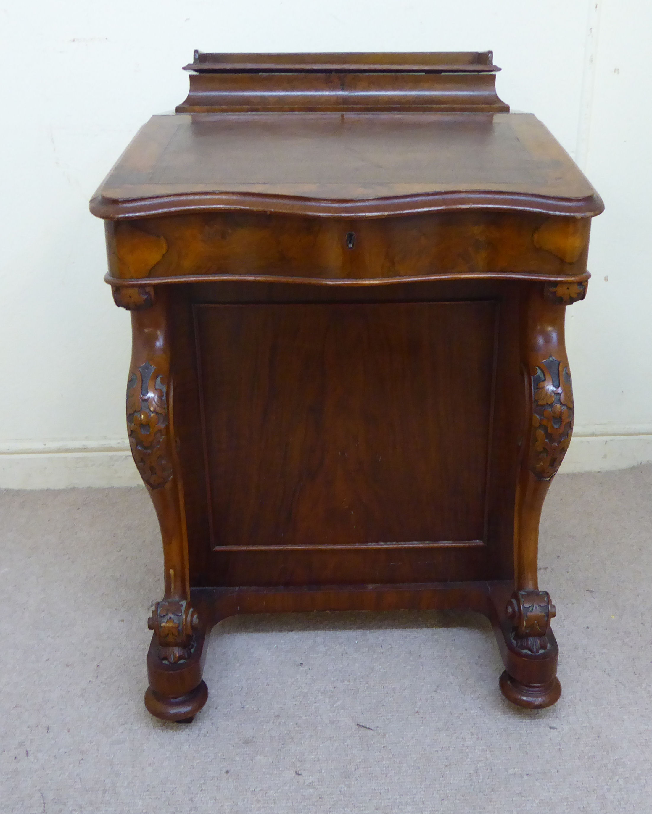 A late Victorian burr walnut veneered Davenport with a sloping, hinged top, - Image 3 of 10