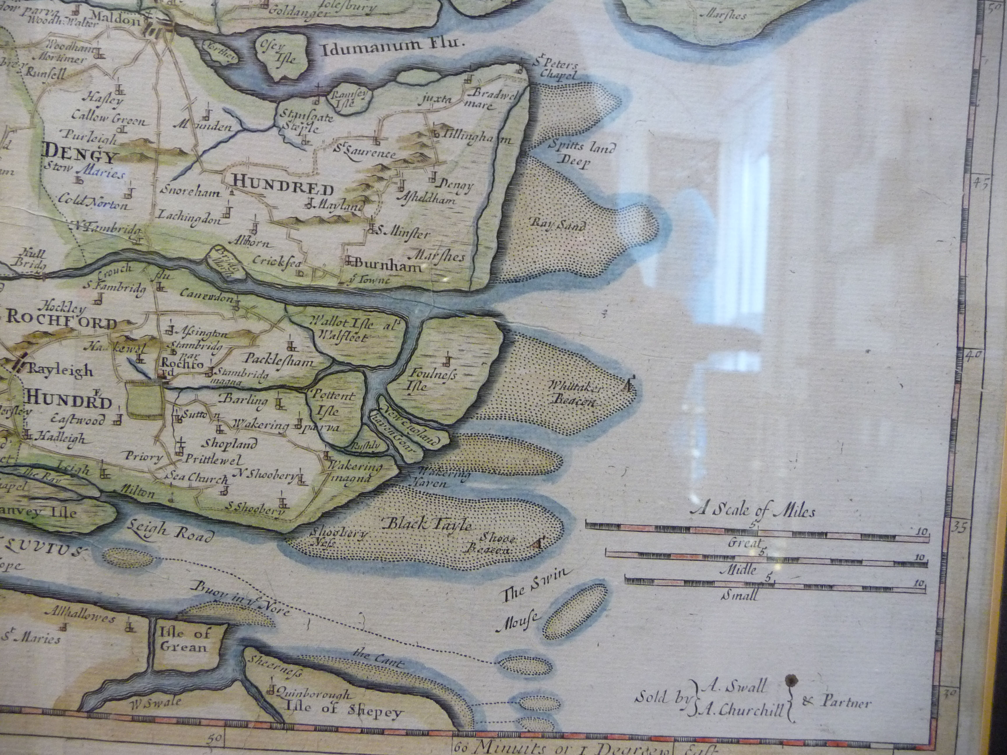 A late 17thC Robert Morden coloured county map 'Essex' with a scrolled title cartouche and scales, - Image 5 of 6