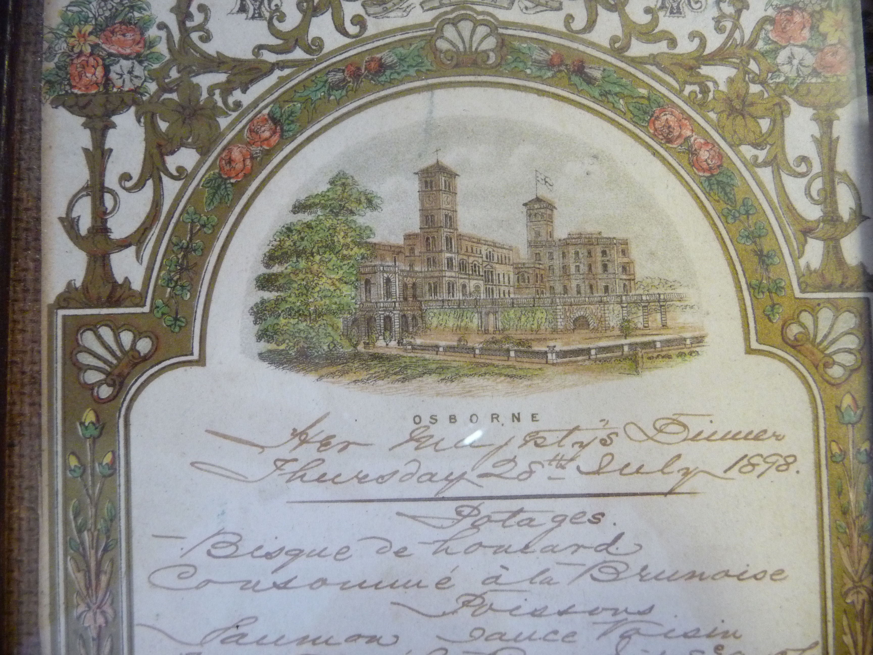 A handwritten menu for Her Majesty's dinner at Osborne House on Thursday 28th July 1898 7'' x 5'' - Image 3 of 6