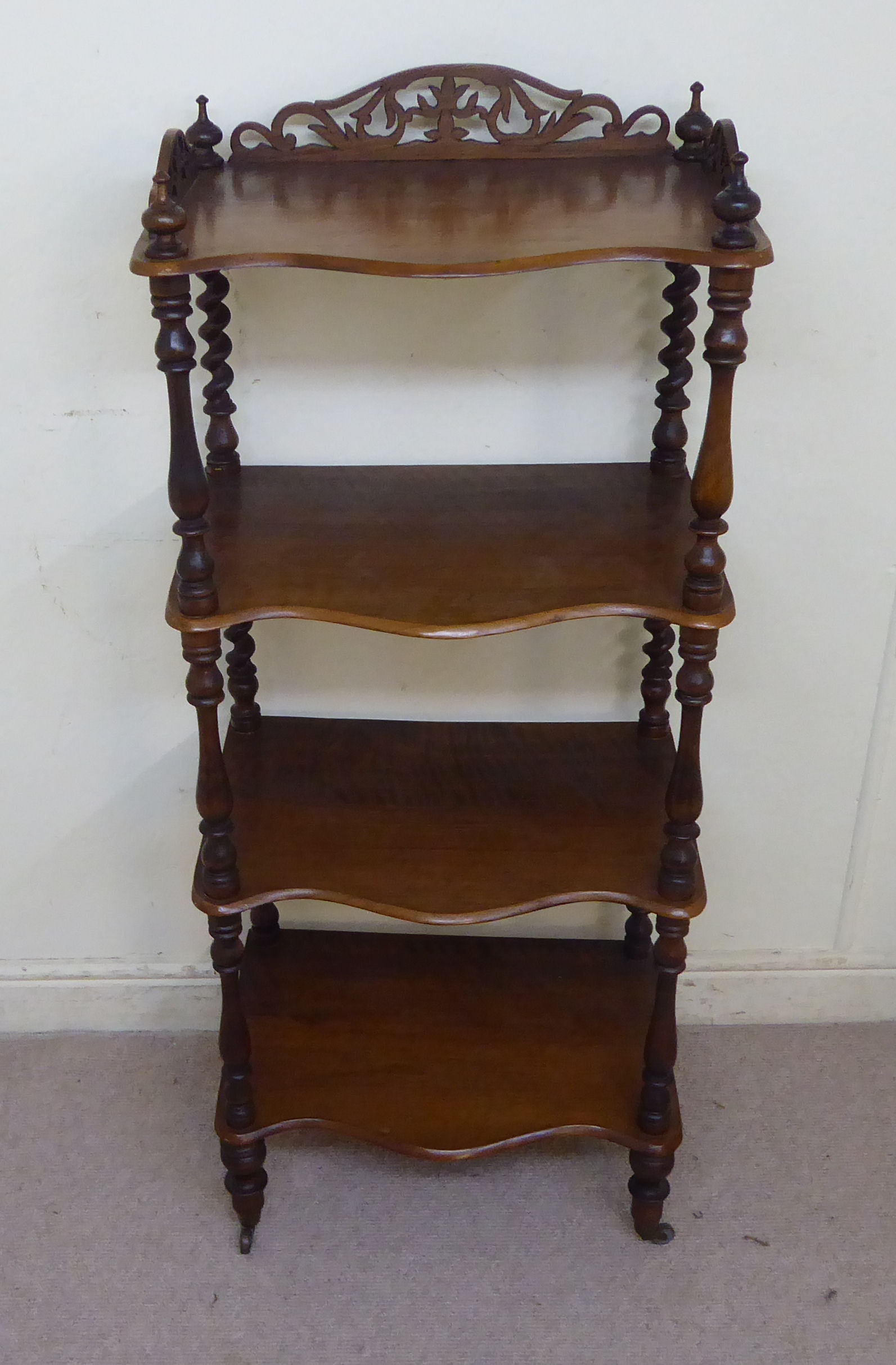 A late Victorian walnut four tier serpentine front what-not, - Image 3 of 8