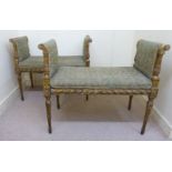 A pair of late 19thC Louis XVI style ribbon tied and reed carved giltwood framed window seats with