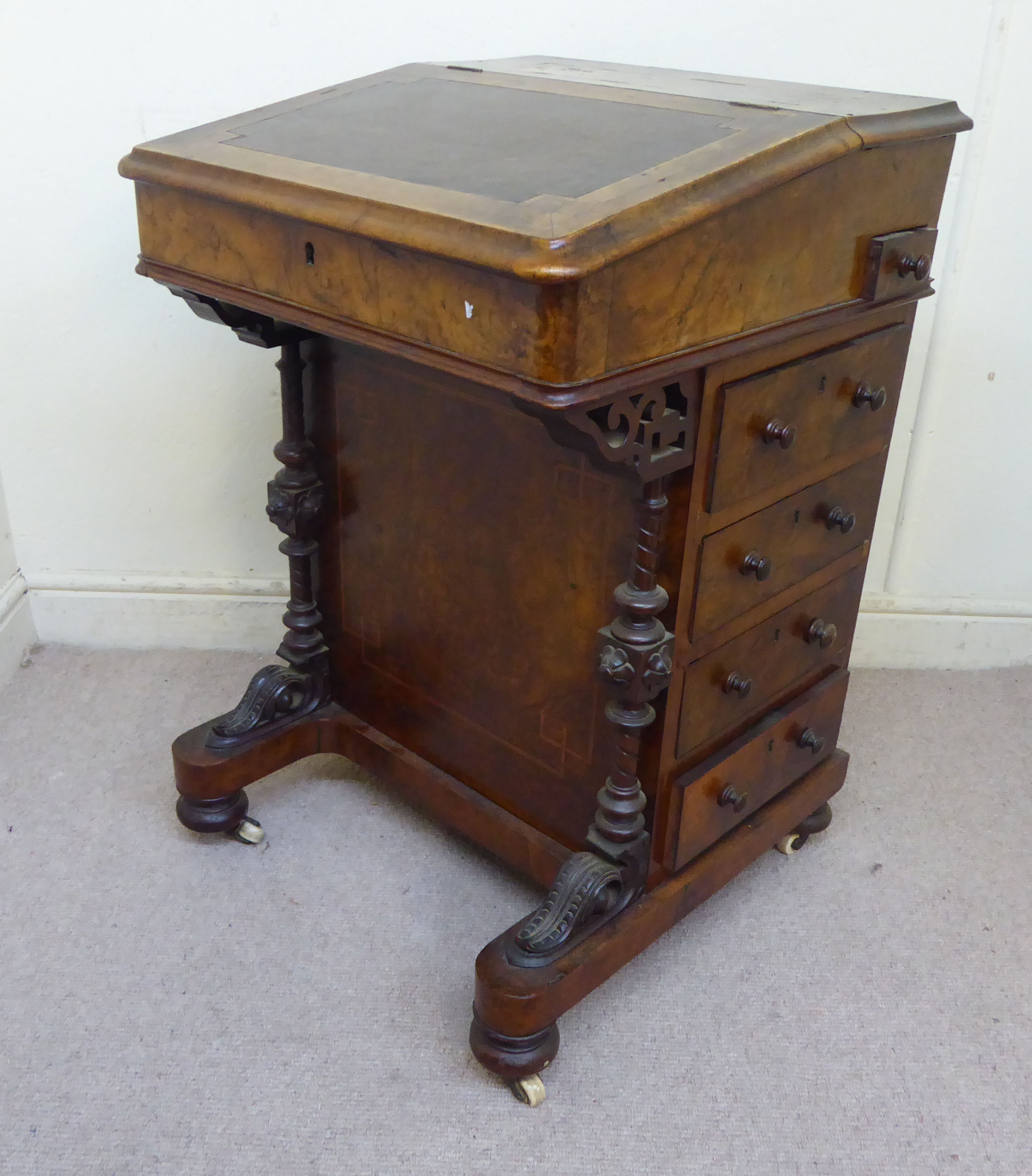 A late Victorian burr walnut veneered Davenport, the sloping, - Image 2 of 10