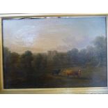 19thC British School - a pastoral scene with cattle in the foreground and castle ruins beyond oil
