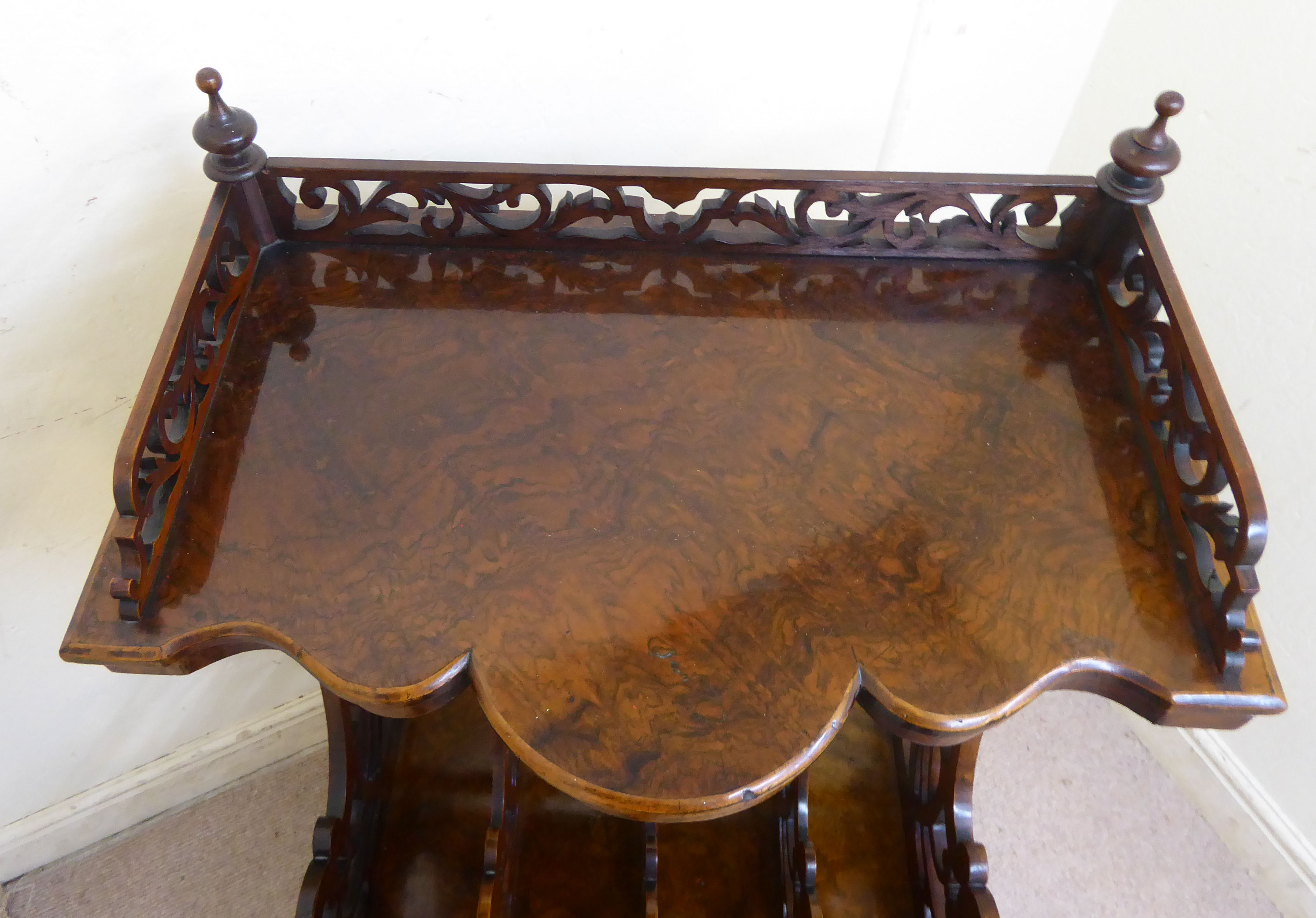 A late Victorian framed and fretworked walnut Canterbury with a galleried, - Image 8 of 10