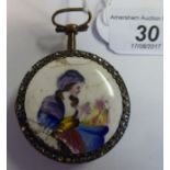 A mid/late 19thC Continental gilt metal and painted enamel cased pocket watch,