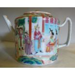 A late 19thC Chinese Canton porcelain teapot of drum design, having an angled spout,