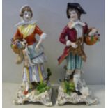 A pair of 20thC German porcelain standing figures, she with a flower basket and a dead rabbit, he,