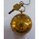 An 18ct gold cased fob watch with engraved and engine turned ornament,