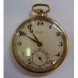 An 18ct gold slim cased pocket watch, faced by a silvered steel Arabic dial with subsidiary seconds,