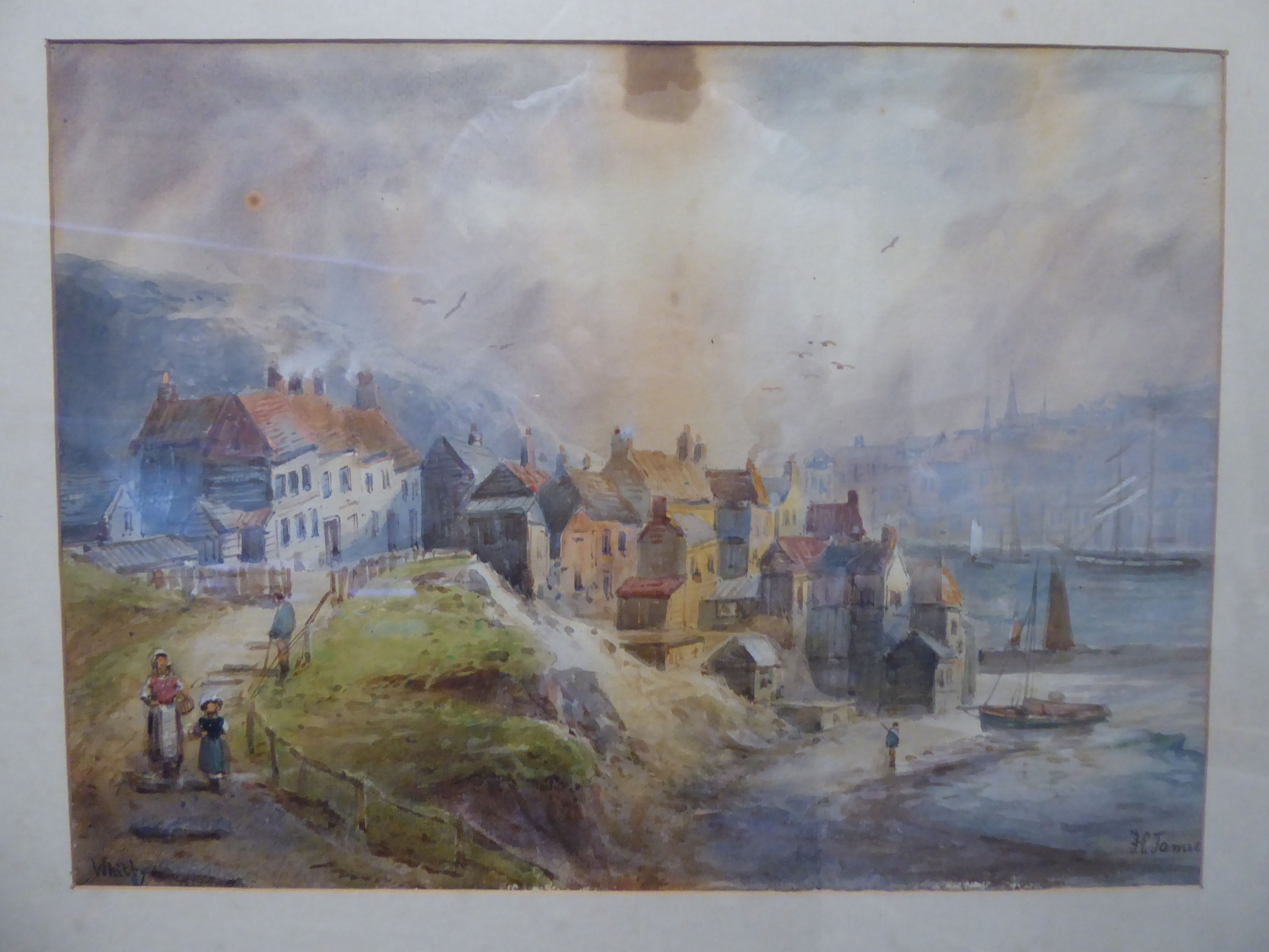 F E James - 'Whitby' with figures on a path in the foreground watercolour bears a signature 11'' - Image 2 of 6