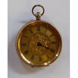 A lady's gold coloured metal cased fob watch with engraved and engine turned ornament,
