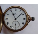 A JW Benson 9ct gold cased half hunter pocket watch with enamelled black numerals,