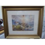 F E James - 'Whitby' with figures on a path in the foreground watercolour bears a signature 11''
