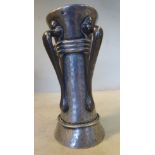 An Art Nouveau inspired Tudric pewter spot-hammered vase of waisted cylindrical form with banded