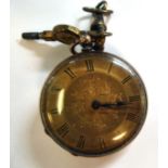 A lady's 14ct gold cased fob watch with engraved and engine turned ornament,