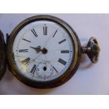 A late 19thC French slim, white metal cased full hunter pocket watch,