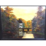 H Zwillis - an autumnal riverscape with a lone figure in a punt before a bridge and a cottage oil