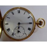 An 18ct gold cased half hunter pocket watch with enamelled blue numerals, the keyless movement,