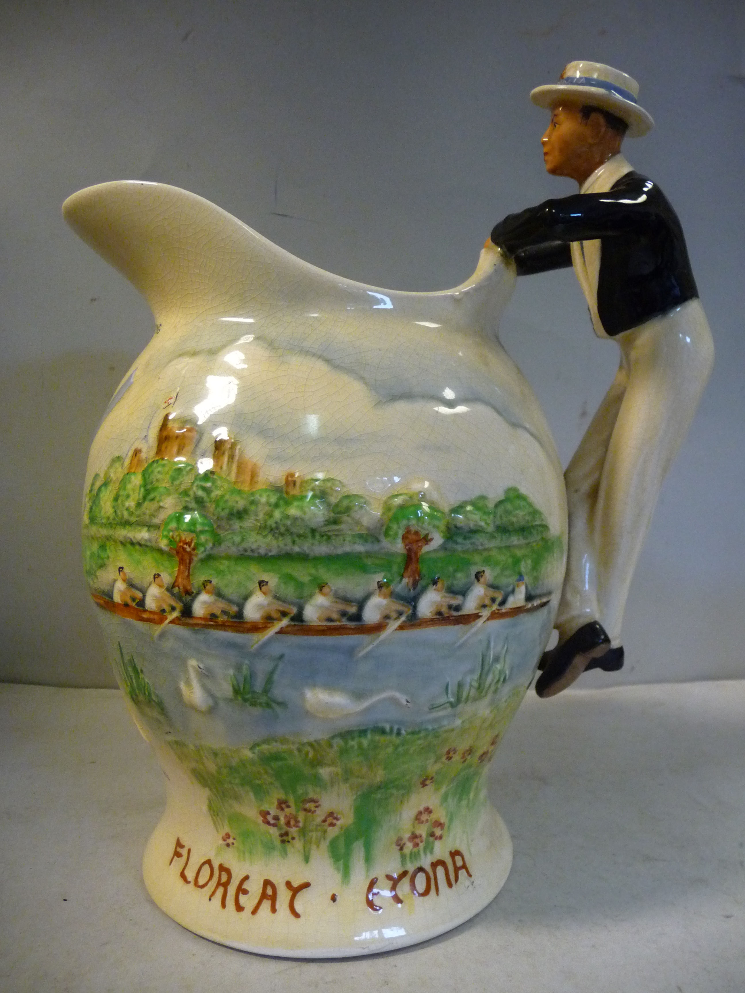 A Crown Devon Fieldings china novelty musical jug, featuring Eton Collage,