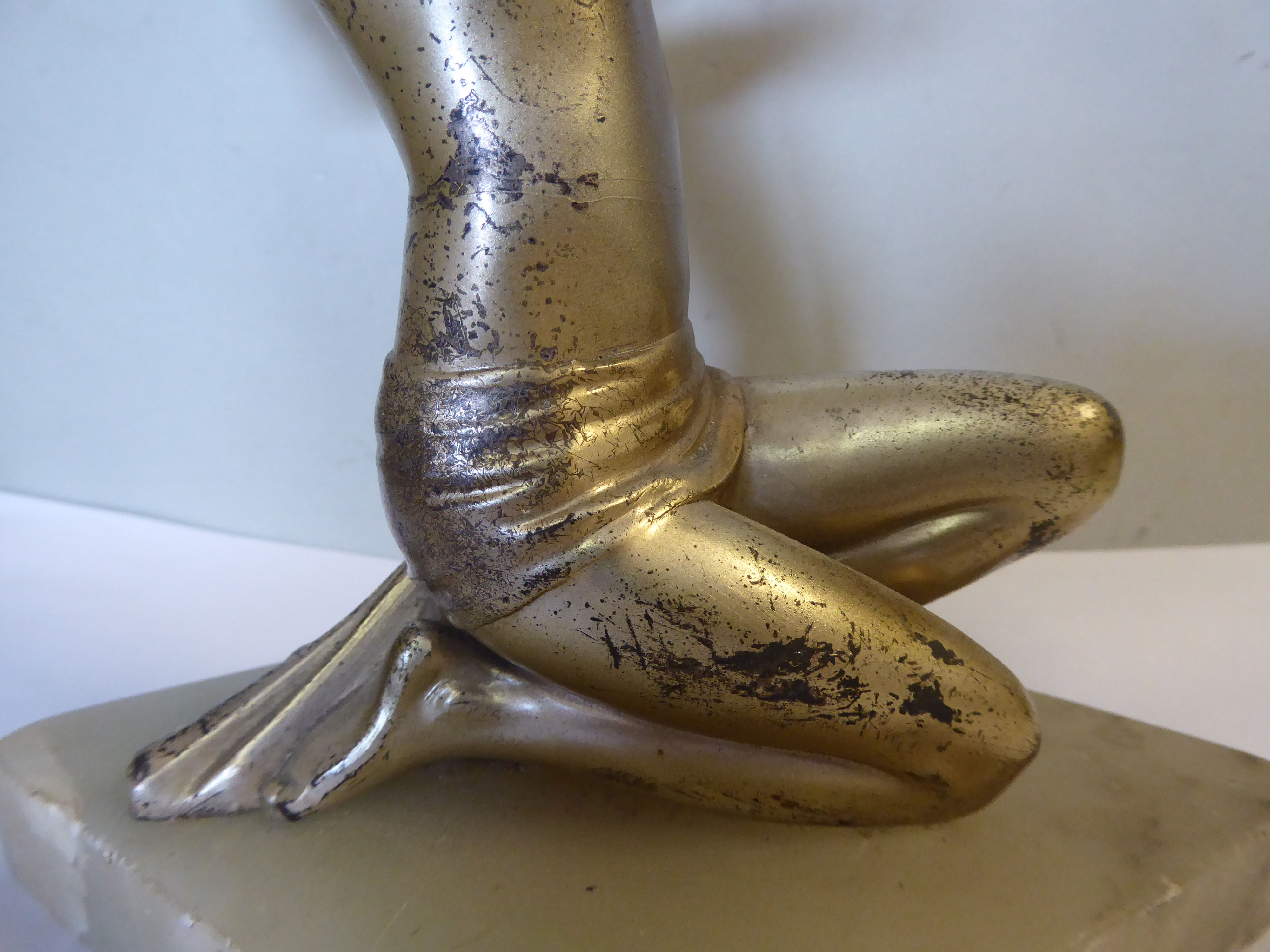 A 1930s Art Deco silver patinated spelter table lamp, a kneeling dancer holding a light fitting, - Image 3 of 6