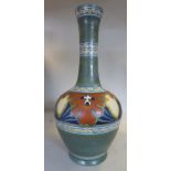 A Gouda Candia pottery bottle vase with a long, waisted neck,