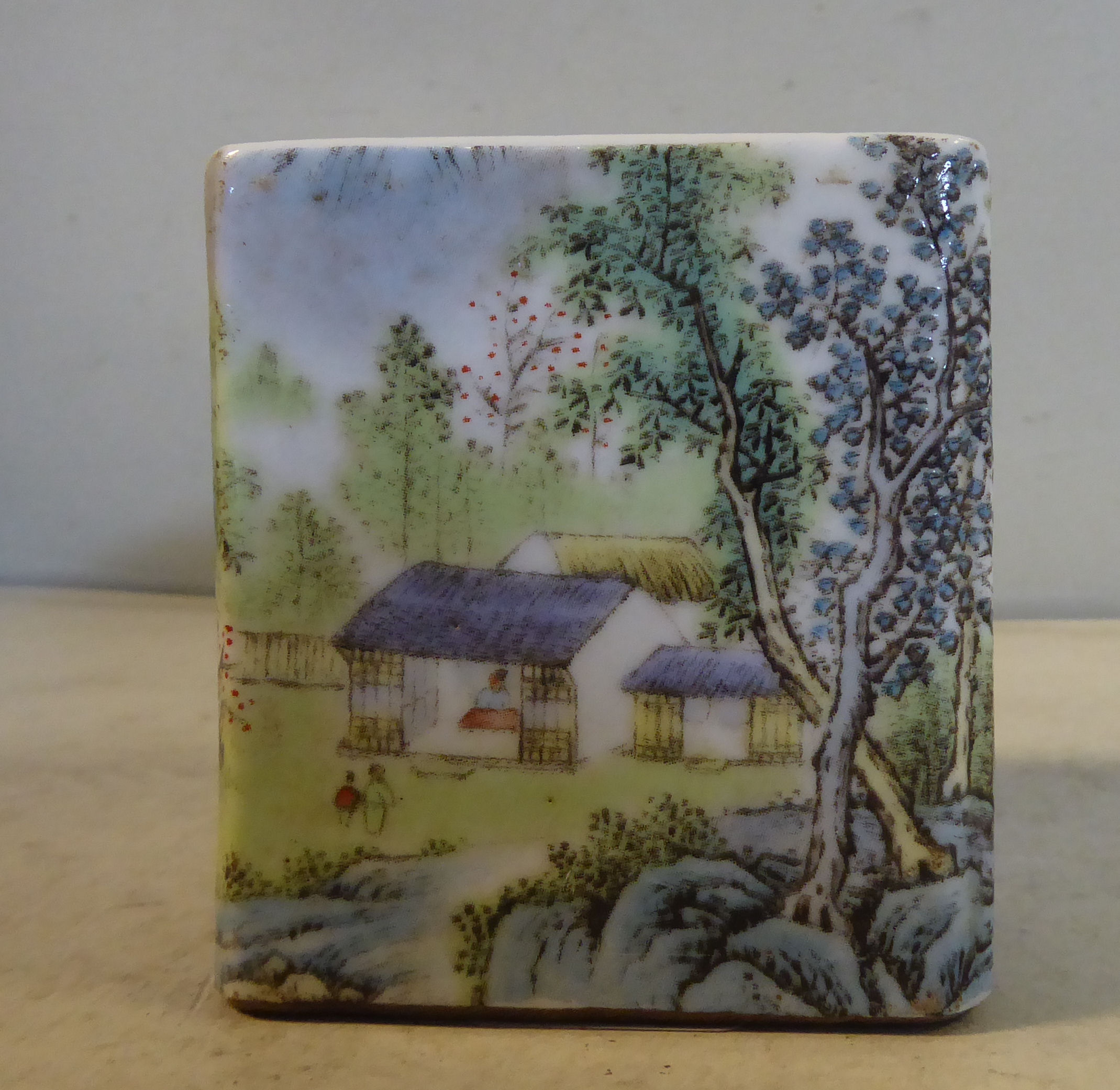 A Chinese Republic period porcelain square blush pot, decorated with a cottage in a landscape 3. - Image 2 of 7