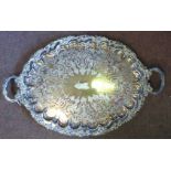 An early 20thC engraved silver plated oval, twin panelled serving tray with a raised,