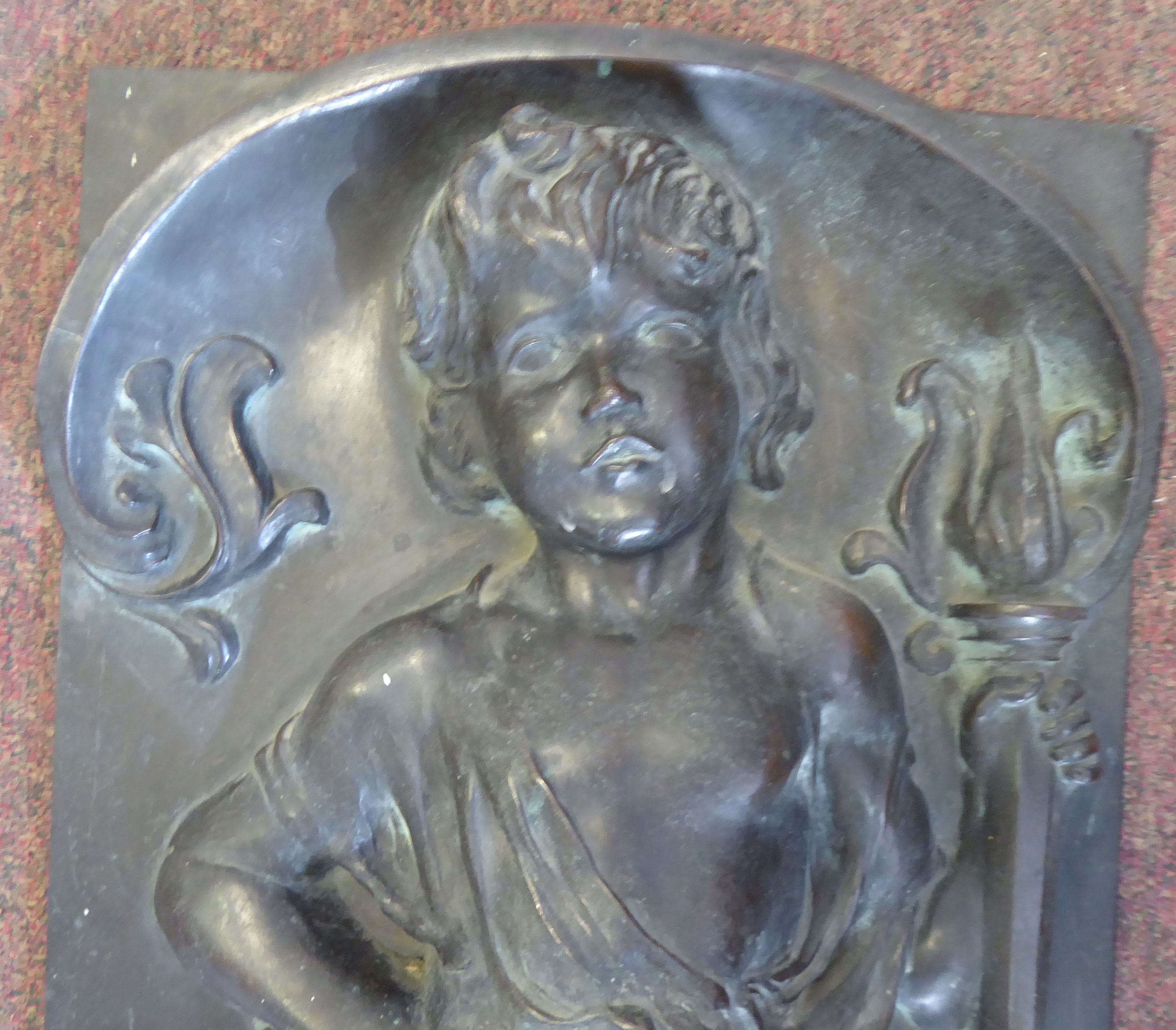 A pair of late 19thC cast and patinated bronze plaques, each depicting a boy wearing robes, - Image 2 of 10