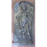 A pair of late 19thC cast and patinated bronze plaques, each depicting a boy wearing robes,