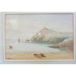 F Stowell - a shoreline scene with two beached rowing boats in the foreground watercolour bears a