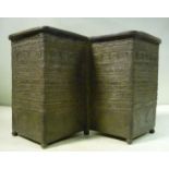 A Chinese 'antique' bronze, conjoined, two part box vase with crudely cast banded ornament,