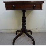 A William IV mahogany table, the box drawer top with bun handles, over a multi-ring turned column,