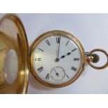 An 18ct gold cased half hunter pocket watch with enamelled black Roman numerals,