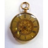 An 18ct gold cased fob watch with engine turned and engraved ornament,