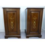 A pair of Edwardian mahogany satinwood and bone marquetry bedside cabinets,