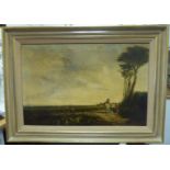 19thC British School - Travellers in a windswept landscape oil on canvas 15'' x 23'' framed