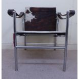 A 1970s Poltrona Le Corbusier LC1 sling basculant chromium plated steel framed chair with a leather