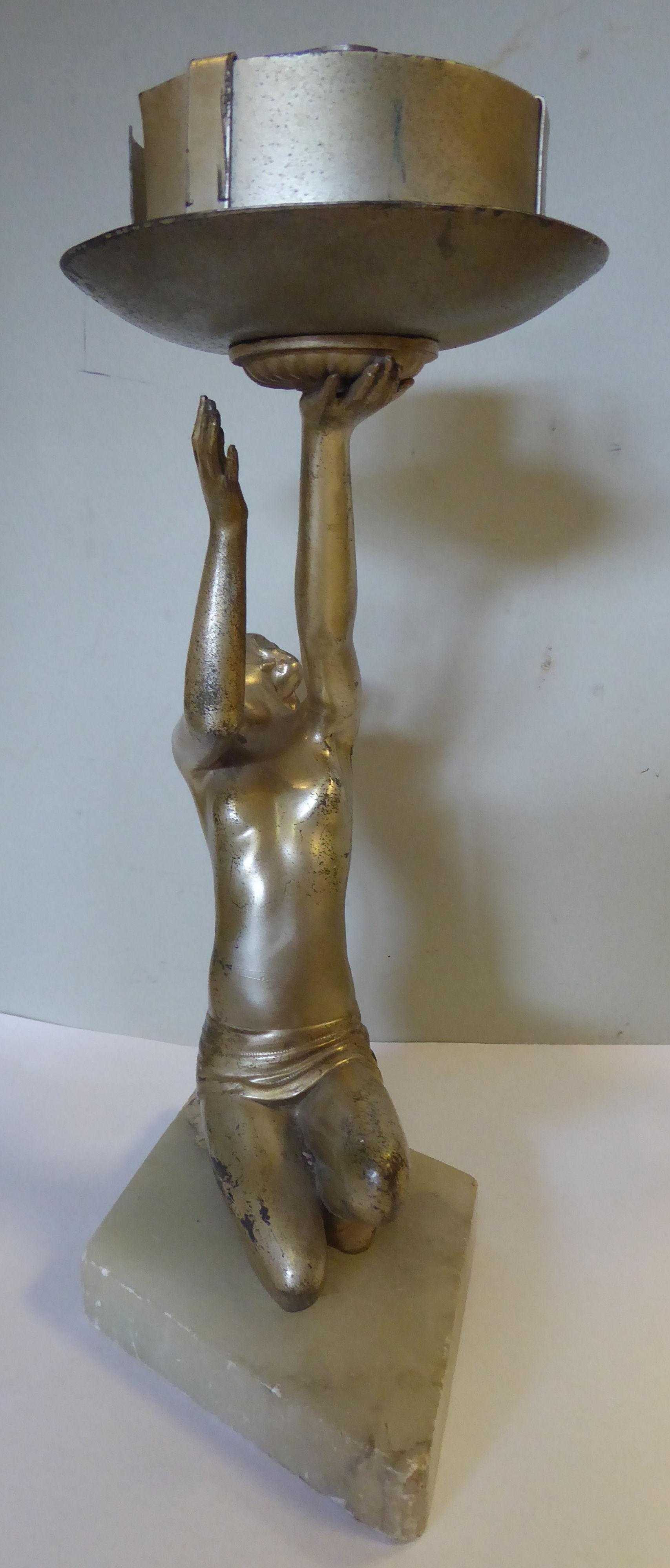 A 1930s Art Deco silver patinated spelter table lamp, a kneeling dancer holding a light fitting, - Image 4 of 6